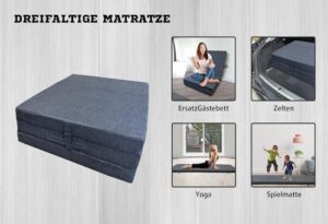 Katex Materasso pieghevole 3 pezzi, spessore 15 cm, per letto da viaggio, materasso pieghevole, pieghevole, ideale anche per campeggio, sgabello/blocco di seduta, lavabile in lavatrice (grigio, 195 x