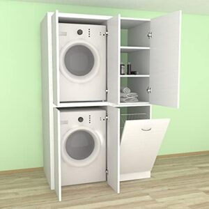 VECA- Mobile lavanderia - Mobile lavatrice asciugatrice - Con cestone porta biancheria - Include vano accessorio con ante - In legno - Mobile lavanderia salvaspazio - Bianco frassinato - Made in Italy