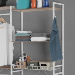 Scaffale sopra Lavatrice E Asciugatrice in Acciaio Bianco Opaco con 4 Ripiani, Cestello Scorrevole E Barra Appendiabiti, L 147 x P 34 x H 195,5 Cm, in Kit di Montaggio