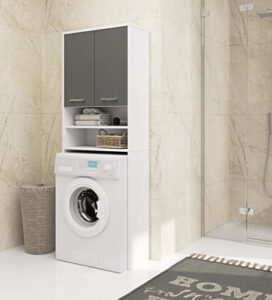 AKORD | Armadio Pensile per Lavatrice | Armadio di trasformazione con 2 ante, 2 Ripiani Aperti | Archivio per bagno | Cassettiera per lavatrice | 64x180x30 cm | Peso 30 kg | Bianco/Grigio grafite
