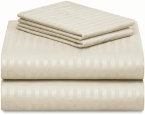 LuxClub Set di lenzuola a righe, 4 pezzi, a righe, con tasche profonde, 45,7 cm, ecologiche, lavabili in lavatrice, biancheria da letto per hotel, morbide e setose (doppie, a righe crema)