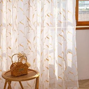 MOONVAN Tende trasparenti per finestre, motivo con foglie gialle ricamate, lunghezza 228 cm, 2 pannelli, in voile, filtraggio della luce, con tasca per asta, per camera da letto, soggiorno, camera dei