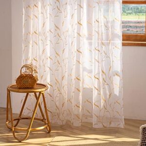 MOONVAN Tende trasparenti per finestre, motivo con foglie gialle ricamate, lunghezza 228 cm, 2 pannelli, in voile, filtraggio della luce, con tasca per asta, per camera da letto, soggiorno, camera dei