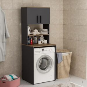 HOMIDEA MIA Mobile armadio per lavatrice - Mobile alto per il bagno con scaffali 182 x 65 x 60 cm (Antracite/Rovere)