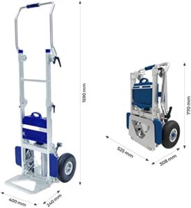 Carrello montascale elettrico pieghevole per sacchi, freni di sicurezza, batteria al litio da 48 V, carichi fino a 170 kg, trasporto in lavatrice, ausilio alla conversione, timone e pala ripiegabili,