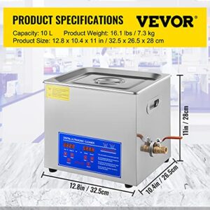 VEVOR Pulitore ad Ultrasuoni 10L, Pulitore Digitale a Ultrasuoni in Acciaio Inox Portatile e Professionale per Occhiali, Gioielli, Monete Digitale Pulizia di Gioielli per Uso Domestico Commerciale