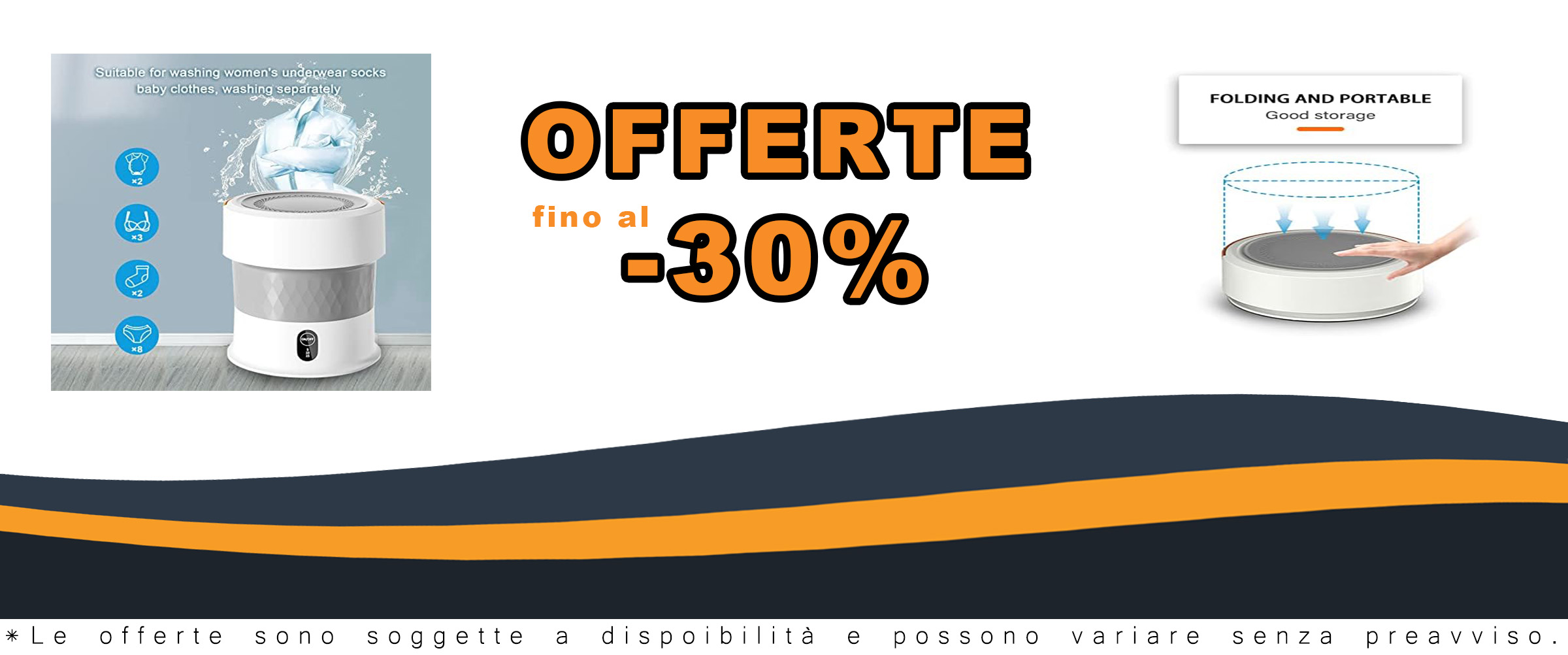Mini lavatrice pieghevole bianca con funzione ozono e centrifuga