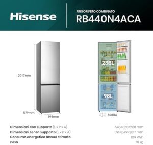 Hisense RB440N4ACA Frigorifero Combinato Total No Frost, Inox, con risparmio energetico, grande capacità e motore inverter
