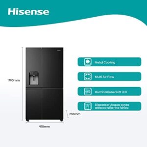 Frigorifero americano Hisense RS818N4TFE nero con capacità di 632 litri, perfetto per famiglie numerose.