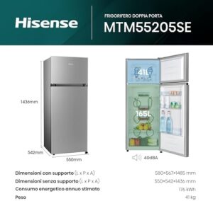 Hisense MTM55205SE Frigorifero Doppia Porta, Silver, 206 L, 143.4 x 54.2 x 55 cm