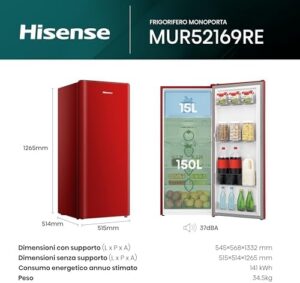 Frigorifero monoporta Hisense MUR52169RE rosso con scomparto congelatore da 165 L e apertura a destra