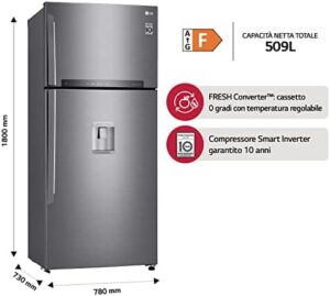 Frigorifero LG GTF744PZHV con dispenser acqua e ghiaccio, design moderno e capacità di 509 litri