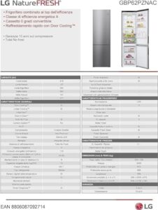 Frigorifero LG GBP62PZNAC combinato, Total No Frost, con maniglie integrate e compressore Lineare Inverter