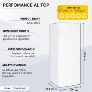 Congelatore verticale PremierTech da 168 litri, con 4 cassetti e un ripiano, ideale per uso domestico e commerciale