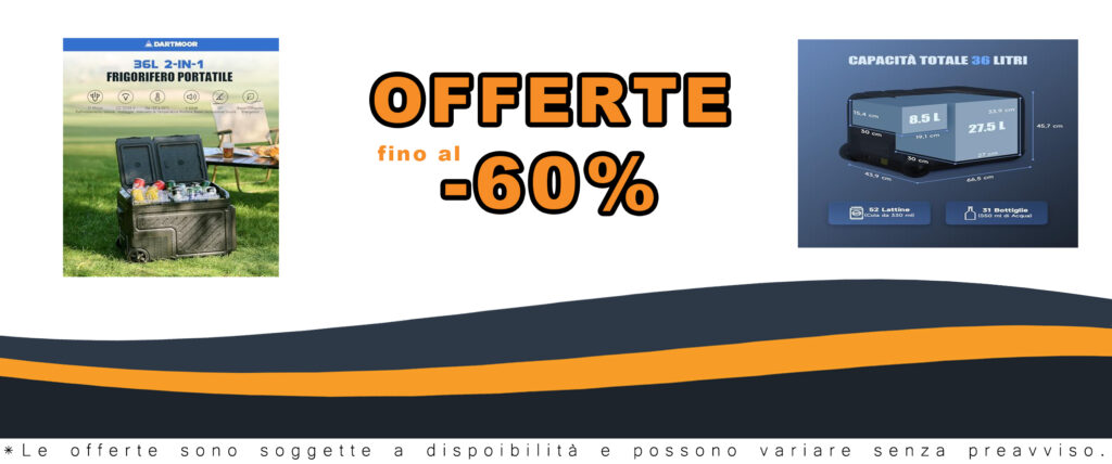 Frigorifero portatile DARTMOOR 36L con doppia zona frigo e congelatore, ideale per viaggi, picnic e campeggi.