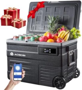 Frigo Portatile AAOBOSI 45L, ideale per campeggio, viaggi e uso familiare, con funzionalità 12V, 24V e 100-240V.