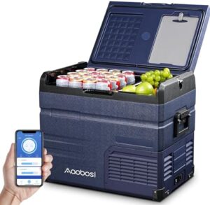 Frigorifero portatile AAOBOSI per auto e camper, con doppia zona di raffreddamento e WiFi integrato.