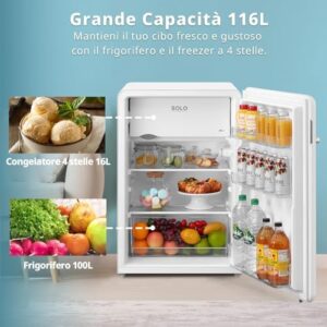 Frigorifero COMFEE' RCD113WH2RT(E) con design retrò, luce a LED, e silenzioso, ideale per ufficio, camera e hotel.