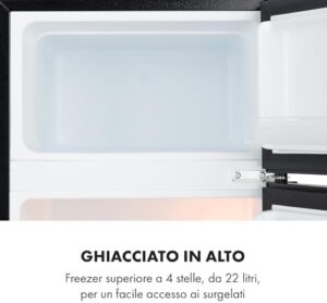 Frigorifero Klarstein Big Daddy Cool con design elegante, classe energetica E e capacità combinata di 87 litri, ideale per piccoli appartamenti