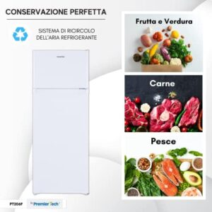 PremierTech Frigorifero con Congelatore, modello PT206F, bianco con doppia porta e 206 litri di capacità.