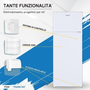 PremierTech Frigorifero con Congelatore, modello PT206F, bianco con doppia porta e 206 litri di capacità.