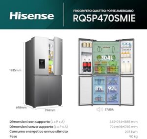 Frigorifero Americano Hisense RQ5P470SMIE con quattro porte, WiFi, Metal Cooling e dispenser acqua, in inox