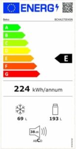 Frigorifero Beko Combi Integrabile Bcha275E3S con capacità di 270 litri e classe energetica A++.