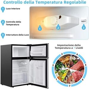 COSTWAY Frigorifero 90 L (27+63), Freezer Separato con 2 Ante e Luce LED, Refrigerazione Rapida, Silenzioso, Mini Frigo per Ufficio Casa Bar Hotel, 220-240 V/50 Hz (Grigio)