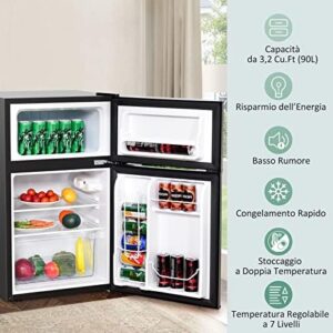 COSTWAY Frigorifero 90 L (27+63), Freezer Separato con 2 Ante e Luce LED, Refrigerazione Rapida, Silenzioso, Mini Frigo per Ufficio Casa Bar Hotel, 220-240 V/50 Hz (Grigio)