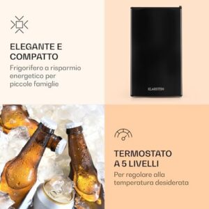 KLARSTEIN Alleinversorger - Frigorifero, Classe E, Freezer, 5 Livelli di Temperatura, 2 Ripiani in Vetro, Direzione dello Sportello Modificabile, Capacità del Frigo: 90L, Nero