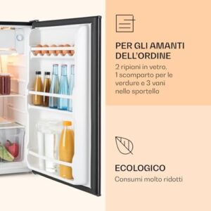 KLARSTEIN Alleinversorger - Frigorifero, Classe E, Freezer, 5 Livelli di Temperatura, 2 Ripiani in Vetro, Direzione dello Sportello Modificabile, Capacità del Frigo: 90L, Nero