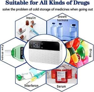 Mini frigorifero portatile per farmaci e insulina, ideale per viaggi e conservazione sicura.
