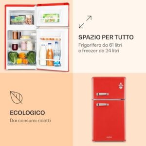 KLARSTEIN Irene - Frigorifero con Freezer, Rétro, Potenza di Raffreddamento Regolabile, 61 L, Freezer da 25 L, Rosso