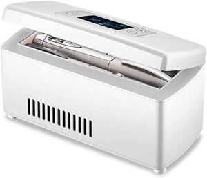 Mini frigorifero portatile per farmaci con display a LED, ideale per la conservazione di insulina e medicinali durante i viaggi.
