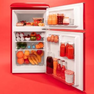 Cecotec Mini Frigorifero Retro Bolero Coolmarket 2D Origin 86 Red E. Due Porte Rosso di 89,3cm di Altezza e 48,7 di Larghezza con Capacità di 86L, Classe Energetica E, Led Interno e Maniglia Cromata