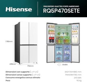 Hisense RQ5P470SETE, Frigorifero Americano Quattro Porte, Classe E, Finitura bianca in vetro, Total No Frost, WiFi, Metal cooling, Zona convertibile, Dispenser Acqua, Motore Inverter