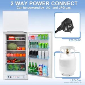 Techomey Frigorifero a Gas, 265L, Frigorifero Congelatore Gas/220V, Frigorifero da Campeggio, Frigorifero Congelatore Combinato per Casa, Campeggio, Garage, Gite, Casa Mobile, Bianco