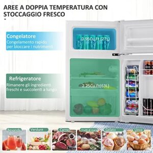 COSTWAY Frigorifero 90 L (27+63), Freezer Separato con 2 Ante e Luce LED, Refrigerazione Rapida, Silenzioso, Mini Frigo per Ufficio Casa Bar Hotel, 220-240 V/50 Hz (Bianco)