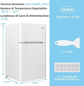 COSTWAY Frigorifero 90 L (27+63), Freezer Separato con 2 Ante e Luce LED, Refrigerazione Rapida, Silenzioso, Mini Frigo per Ufficio Casa Bar Hotel, 220-240 V/50 Hz (Bianco)