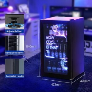 HCK Refrigeratore Bevande, Mini Frigo 98L, Frigorifero Piccolo con Illuminazione Moderna Cyberpunk, Mini frigorifero da 0 a 10°C, Porta a Vetro,per Sala Giochi, Festa, Nero