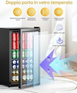 WIE Professional Mini Frigo per Bevande, Frigorifero per Bevande Con Porta in Vetro, 3 Ripiani Regolabili, Controllo Intelligente, Porta Reversibile, Perfetto per Casa/Bar/Ufficio/Hotel (Nero 86L)