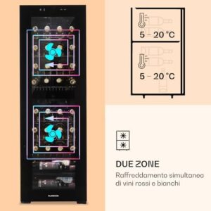 KLARSTEIN Cantinetta Vino Refrigerata a Zona Doppia per Interno/Esterni, Frigo Bar, Cantina Vino con Vetrina, Mini Frigo con Protezione UV, Frigorifero Piccolo Touch Control 5-18°C, 116L 39 Bottiglie