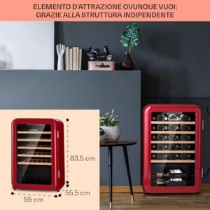 Klarstein Cantinetta Vino Refrigerata a Zona Singola per Interno, Frigo Bar, Cantina Vino con Porta in Vetro, Mini Frigo Silenzioso, Frigorifero Piccolo con Illuminazione LED, 4-22°C, 49 Bottiglie