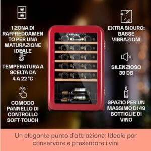 Klarstein Cantinetta Vino Refrigerata a Zona Singola per Interno, Frigo Bar, Cantina Vino con Porta in Vetro, Mini Frigo Silenzioso, Frigorifero Piccolo con Illuminazione LED, 4-22°C, 49 Bottiglie