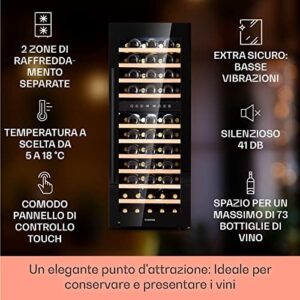 KLARSTEIN Cantinetta Vino, Cantinetta Vino Refrigerata a Zona Doppia per Interno/Esterni, Frigo Bar, Cantina Vino con Vetrina, Mini Bar con Protezione UV, Frigo Vino Touch, 5-18°C, 73 Bottiglie