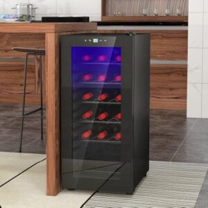 HOMCOM Cantinetta Vino Refrigerata per 18 Bottiglie, Cantina Frigo per Vino a Zona Singola con Temperatura Controllata, Display Touch, Luci LED, Ripiani Regolabili e Porta in Vetro, Nero
