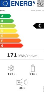 Midea MERB345MGC02 frigorifero con congelatori, 338L, 171 KWH/annum, Illuminazione LED, Nofrost, Controllo digitale, 35 dB, Inox