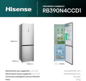Hisense RB390N4CCD1 Frigorifero Combinato Total No Frost, Inox, 1.86x60cm, Classe D, 304L