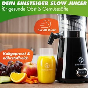 Nutrilovers Slow Juicer Estrattore di succo – senza BPA | Spremiagrumi elettrico per frutta e verdura | Senza BPA | Bassa velocità solo 60 giri/min