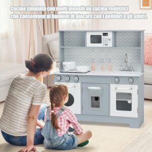 RELAX4LIFE Cucina Giocattolo in Legno per Bambini, Mini Cucina con Forno, Microonde, Distributore d'Acqua e Telefono, Luci e Suoni Realistici, per Bambini 3+ Anni